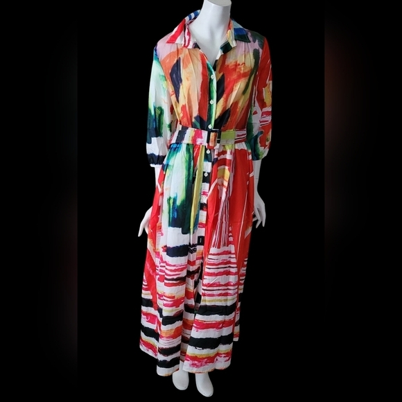 Boutique Colorful Printed 3/4 Sleeve Party Shirt Dress Stand Collar Belt Long - Picture 6 of 12